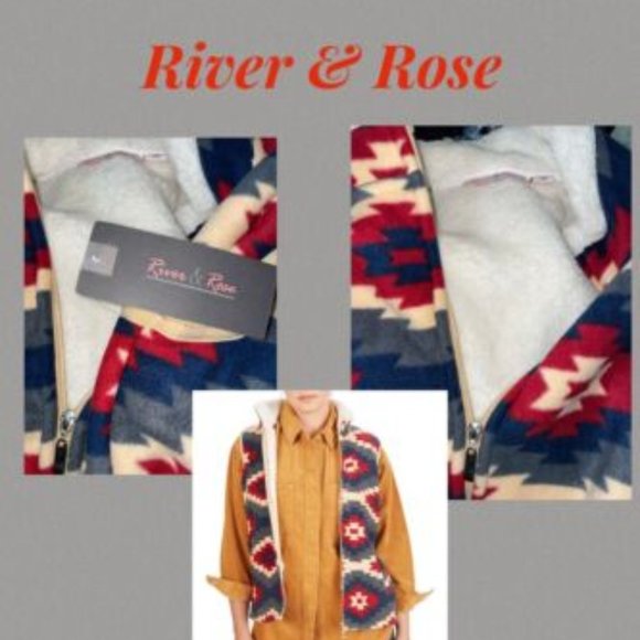 RIVER & ROSE SOUTHWEST PRINT SHERPA LINED FULL ZIP VEST~BLUE,RED~XL - Picture 4 of 6
